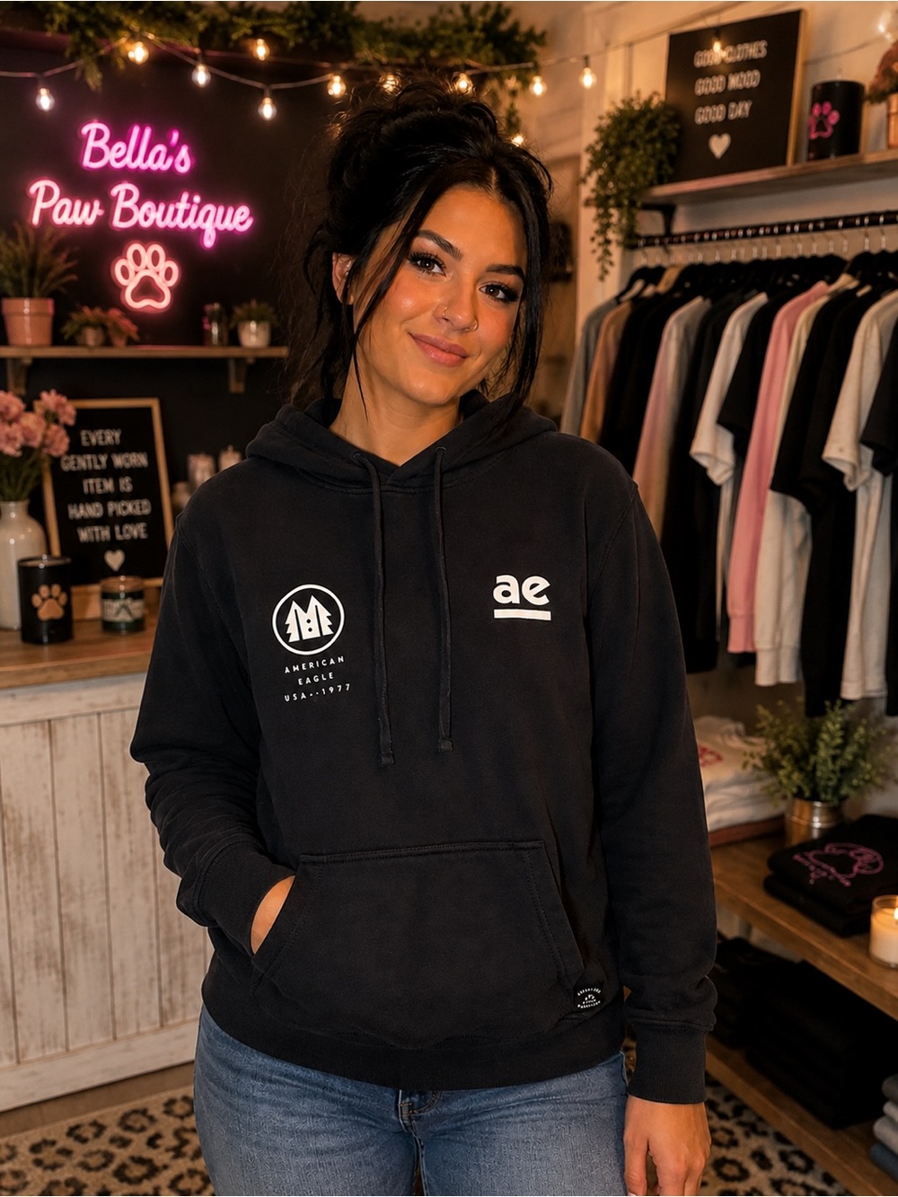 American Eagle Outfitters Black AE Logo Hoodie
